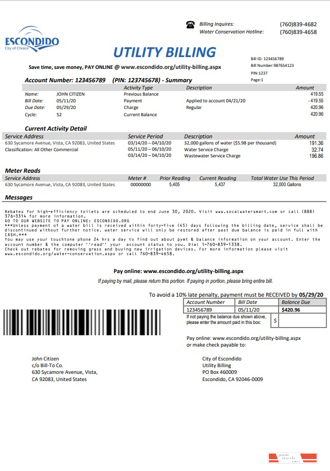 USA California Escondido City of Choice utility bill template in Word and PDF format